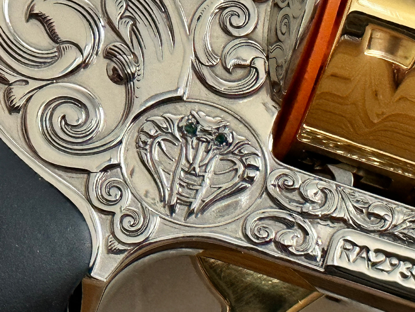 COLT CUSTOM KING COBRA REVOLVER 357 mag white gold nickel plated with 24k accents and emerald stones