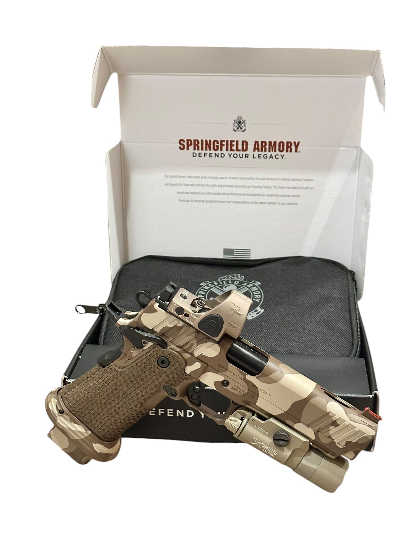 CUSTOM SPRINGFIELD PRODIGY 5” PORTED CAMO WITH SRO AND X300. TREE BARK GRIPS