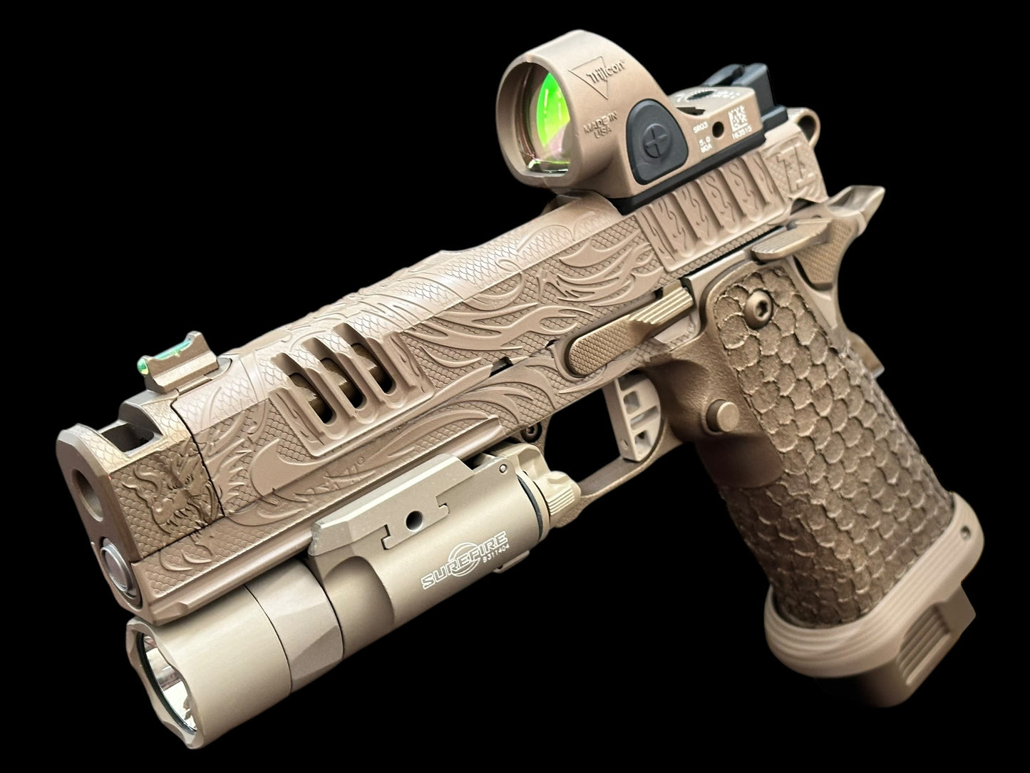 STACCATO CUSTOM XC “TRIBAL DRAGON” ENGRAVED TAN/BRONZE CERAKOTE FINISH WITH TRIJICON SRO & X300
