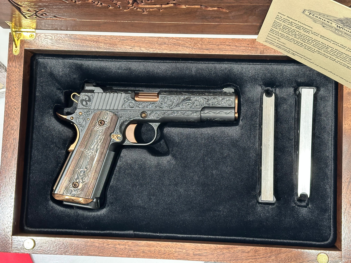 KINGS RIVER CUSTOM LEVEL III; CUSTOM WOOD DISPLAY CASE. HAND ENGRAVED POLISHED DLC/ COPPER FINISH .45ACP