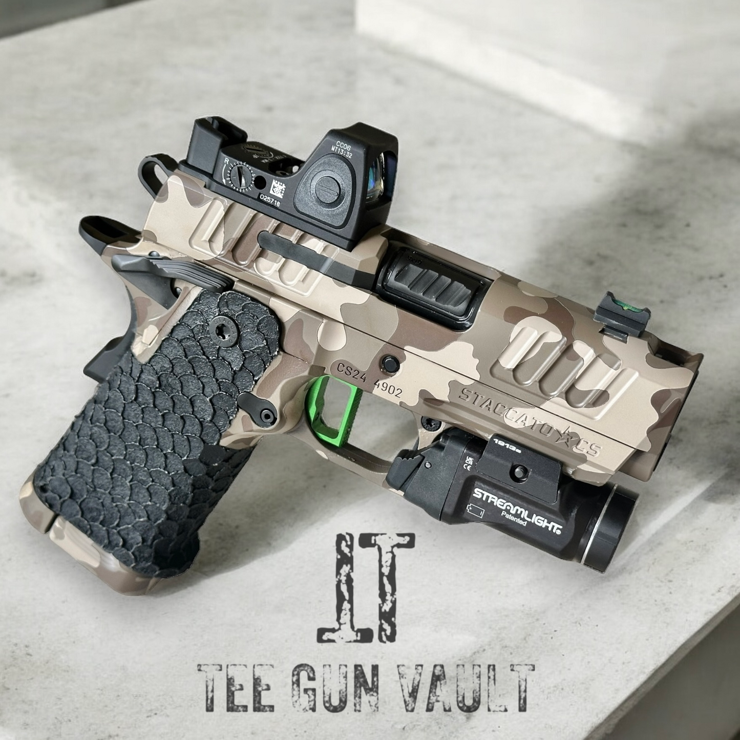 STI/STACCATO CS PORTED FULLY CUSTOMIZED CAMO WITH RMR AND FLASHLIGHT. MANY UPGRADES