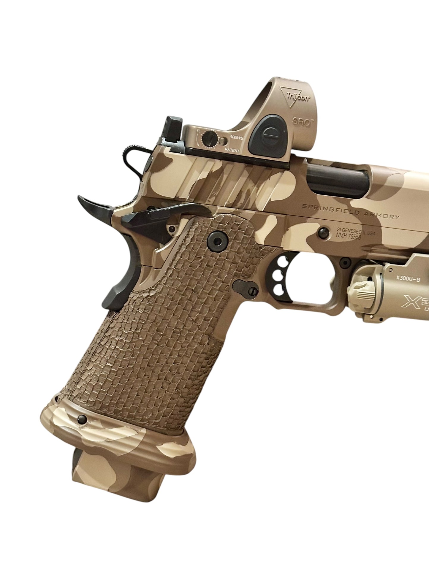 CUSTOM SPRINGFIELD PRODIGY 5” PORTED CAMO WITH SRO AND X300. TREE BARK GRIPS