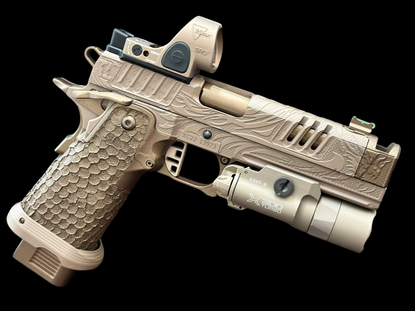 STACCATO CUSTOM XC “TRIBAL DRAGON” ENGRAVED TAN/BRONZE CERAKOTE FINISH WITH TRIJICON SRO & X300