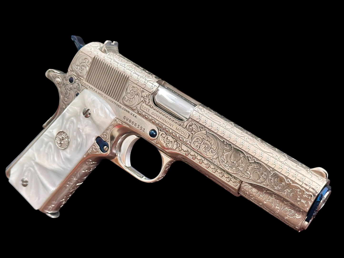 COLT CUSTOM 1911 HIGH POLISHED AND NICKEL PLATED WITH NITRO BLUE ACCENTS FULLY ENGRAVED .45ACP