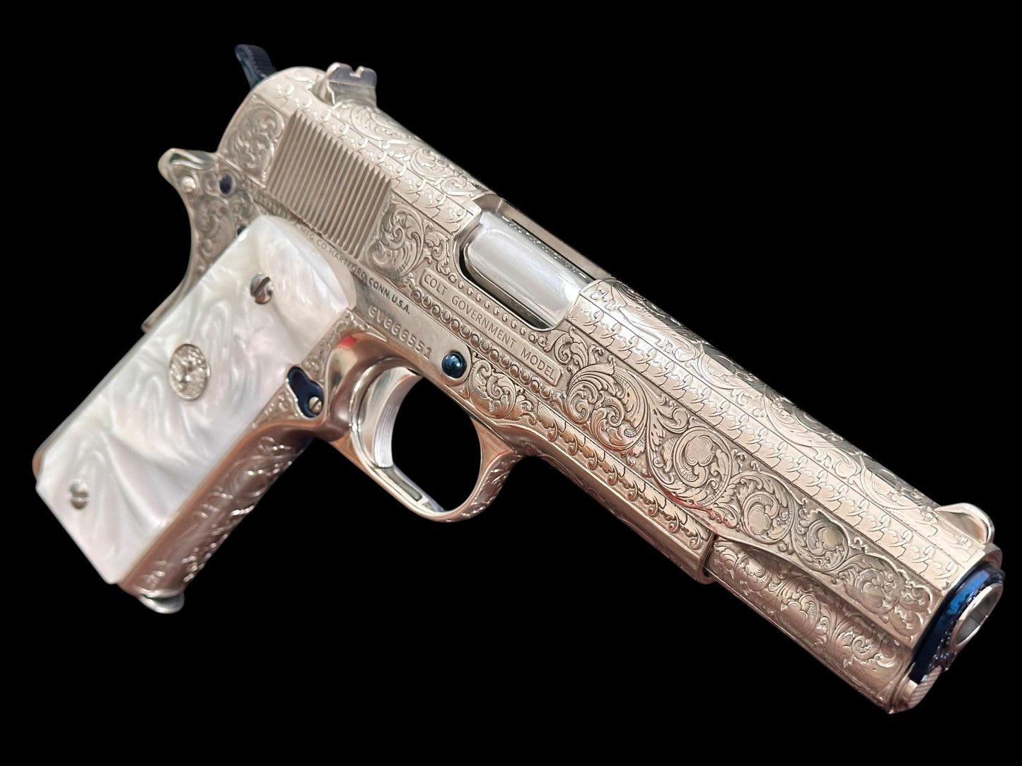 COLT CUSTOM 1911 HIGH POLISHED AND NICKEL PLATED WITH NITRO BLUE ACCENTS FULLY ENGRAVED .45ACP