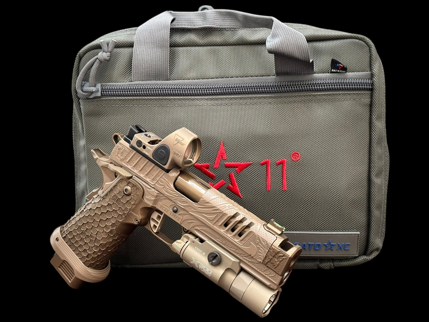 STACCATO CUSTOM XC “TRIBAL DRAGON” ENGRAVED TAN/BRONZE CERAKOTE FINISH WITH TRIJICON SRO & X300