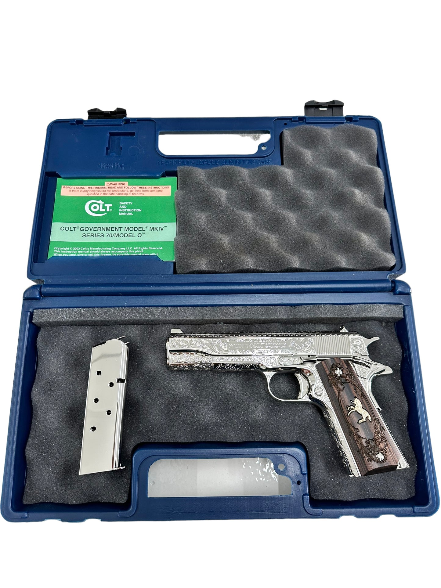 COLT CUSTOM 1911 HIGH POLISHED FULLY ENGRAVED NICKEL PLATED WITH CUSTOM GRIPS .45ACP