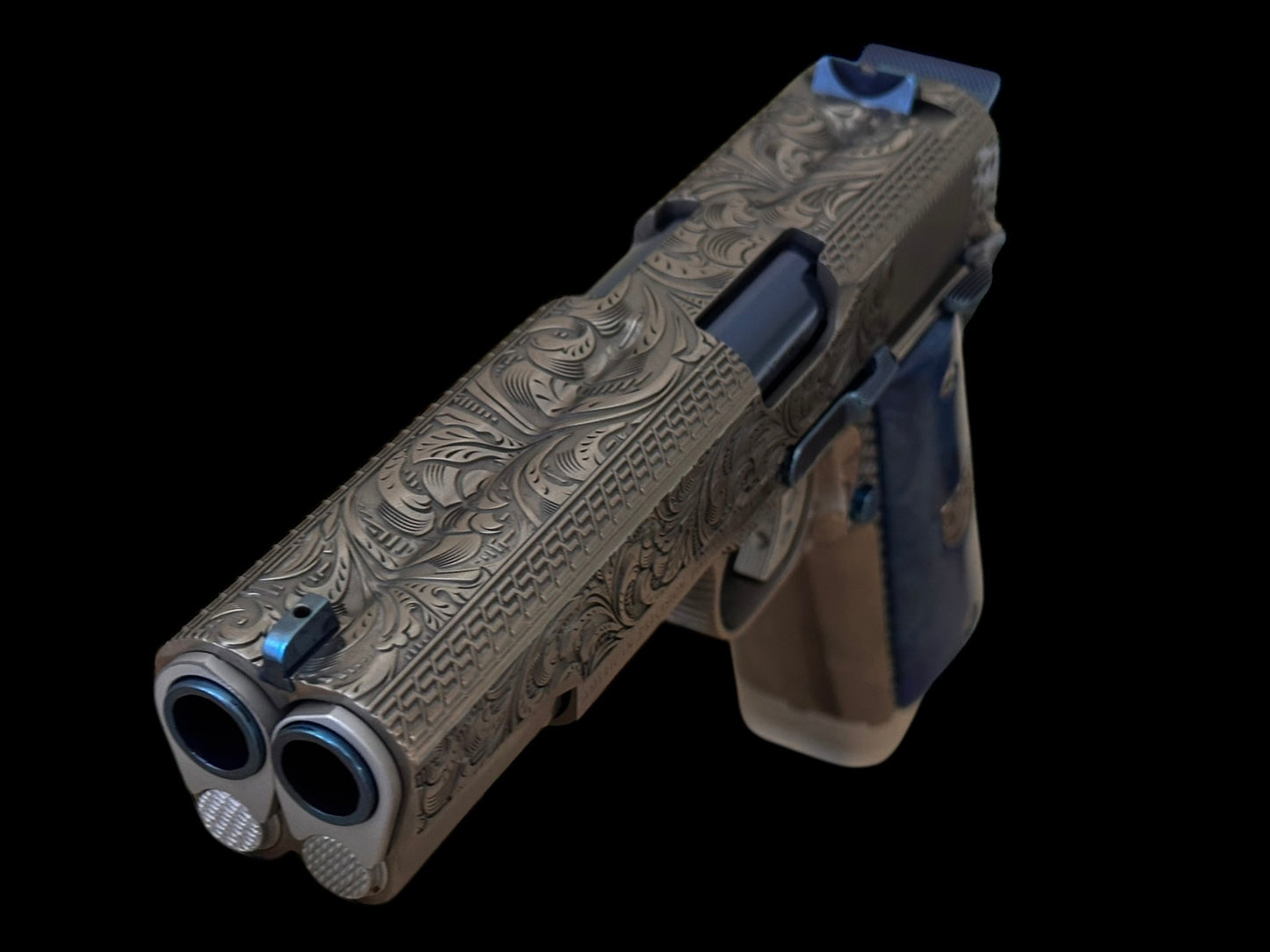 ARSENAL FIREARMS 1911 DOUBLE BARREL “SECOND CENTURY” 1 OF 1 SILVER/ BLUE PVD ENGRAVED WITH GLASS CASE