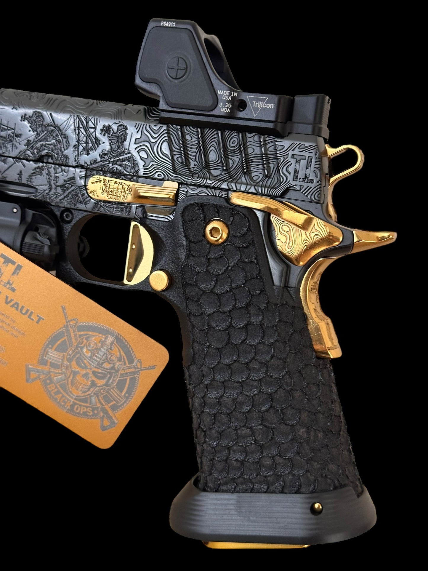 STACCATO P CUSTOM “BLACK OPS” 4.4” PORTED IN POLISHED BLACK DLC / GOLD TIN PVD ACCENTS