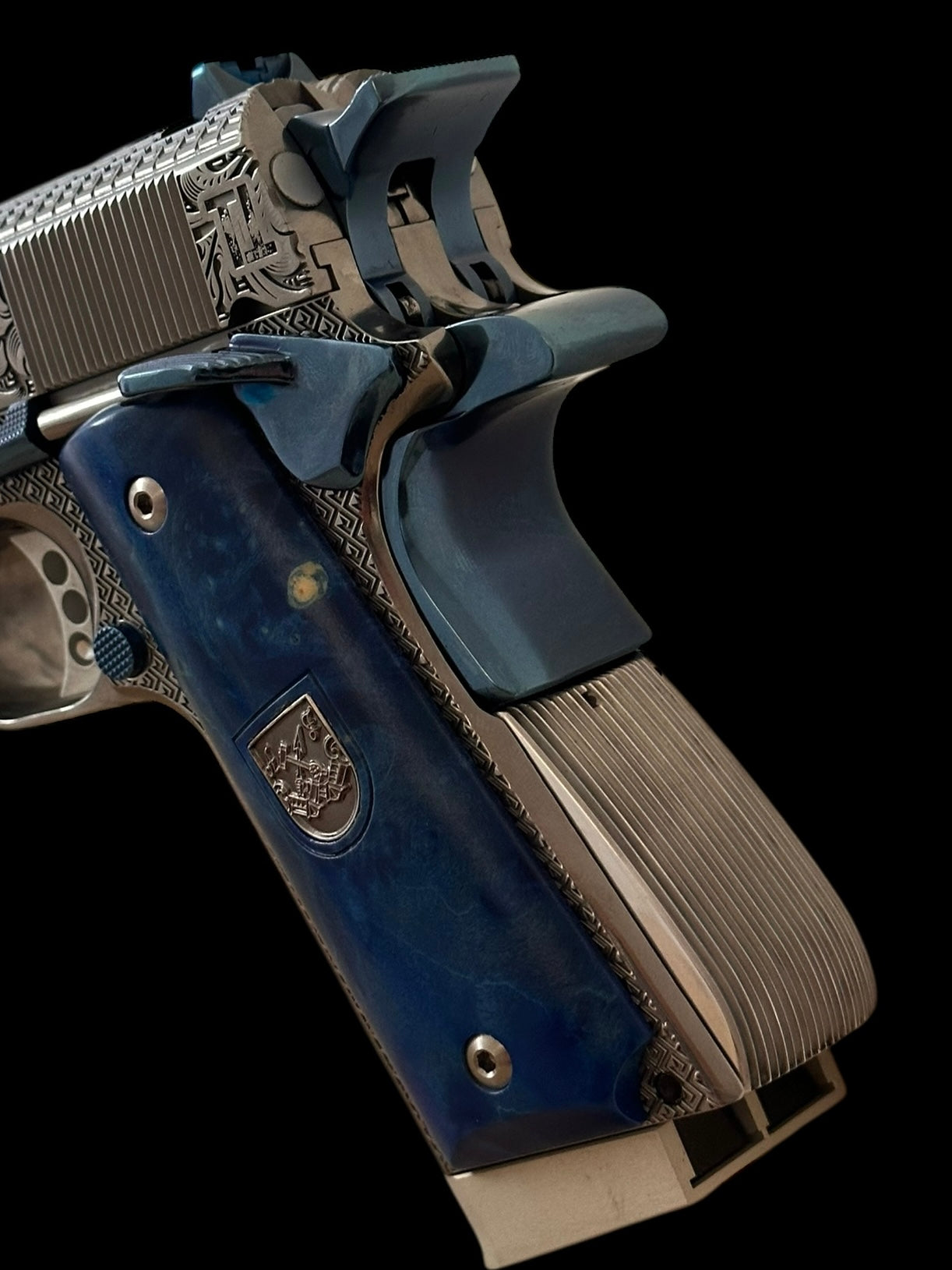 ARSENAL FIREARMS 1911 DOUBLE BARREL “SECOND CENTURY” 1 OF 1 SILVER/ BLUE PVD ENGRAVED WITH GLASS CASE