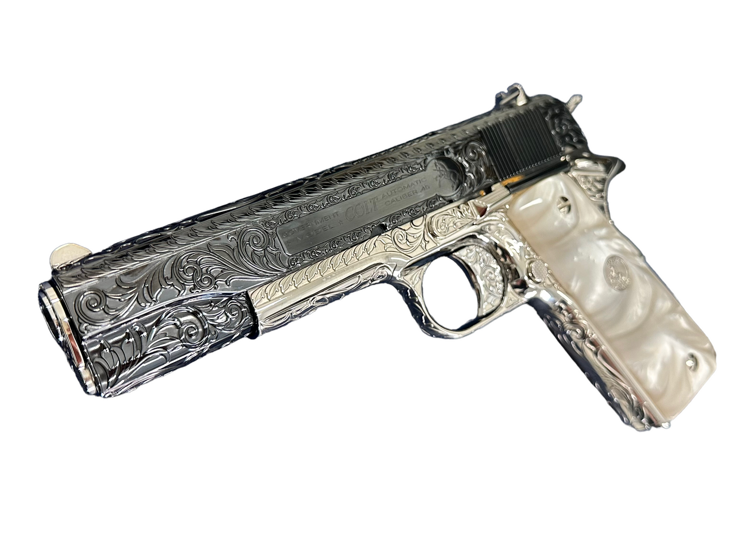 COLT CUSTOM 1911 FULLY ENGRAVED POLISHED AND 2 TONE NICKEL PLATED WITH ROYAL BLUE SLIDE