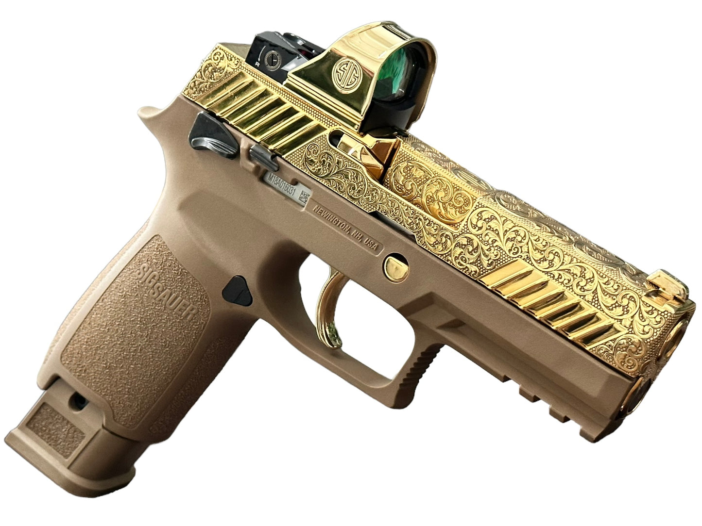 SIG SAUER P320 M18 WITH OPTIC 9mm FULLY ENGRAVED SLIDE POLISHED 24K GOLD PLATED