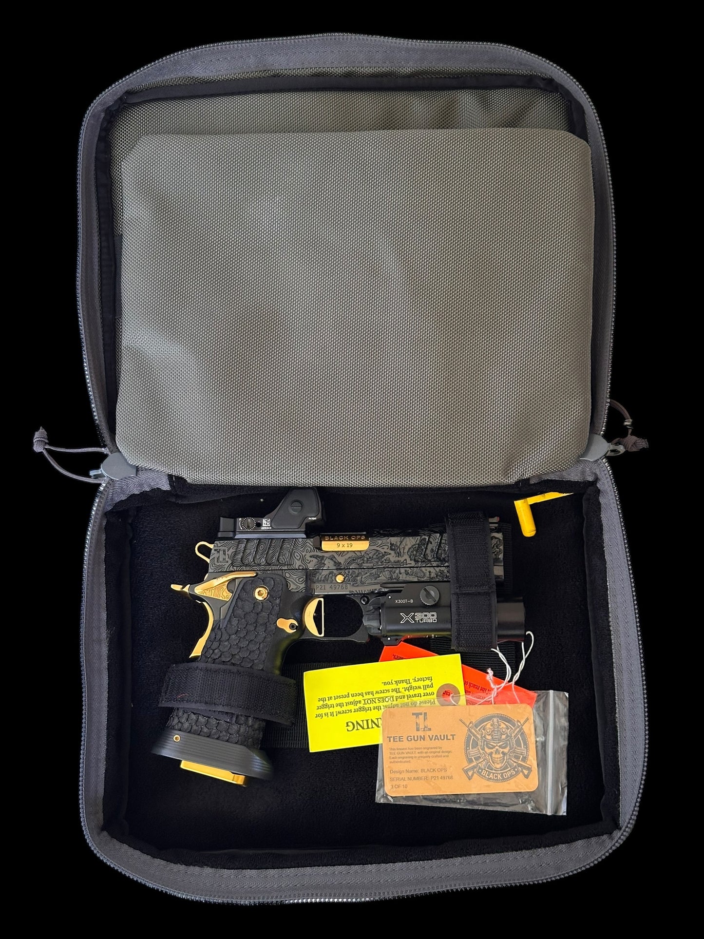 STACCATO P CUSTOM “BLACK OPS” 4.4” PORTED IN POLISHED BLACK DLC / GOLD TIN PVD ACCENTS