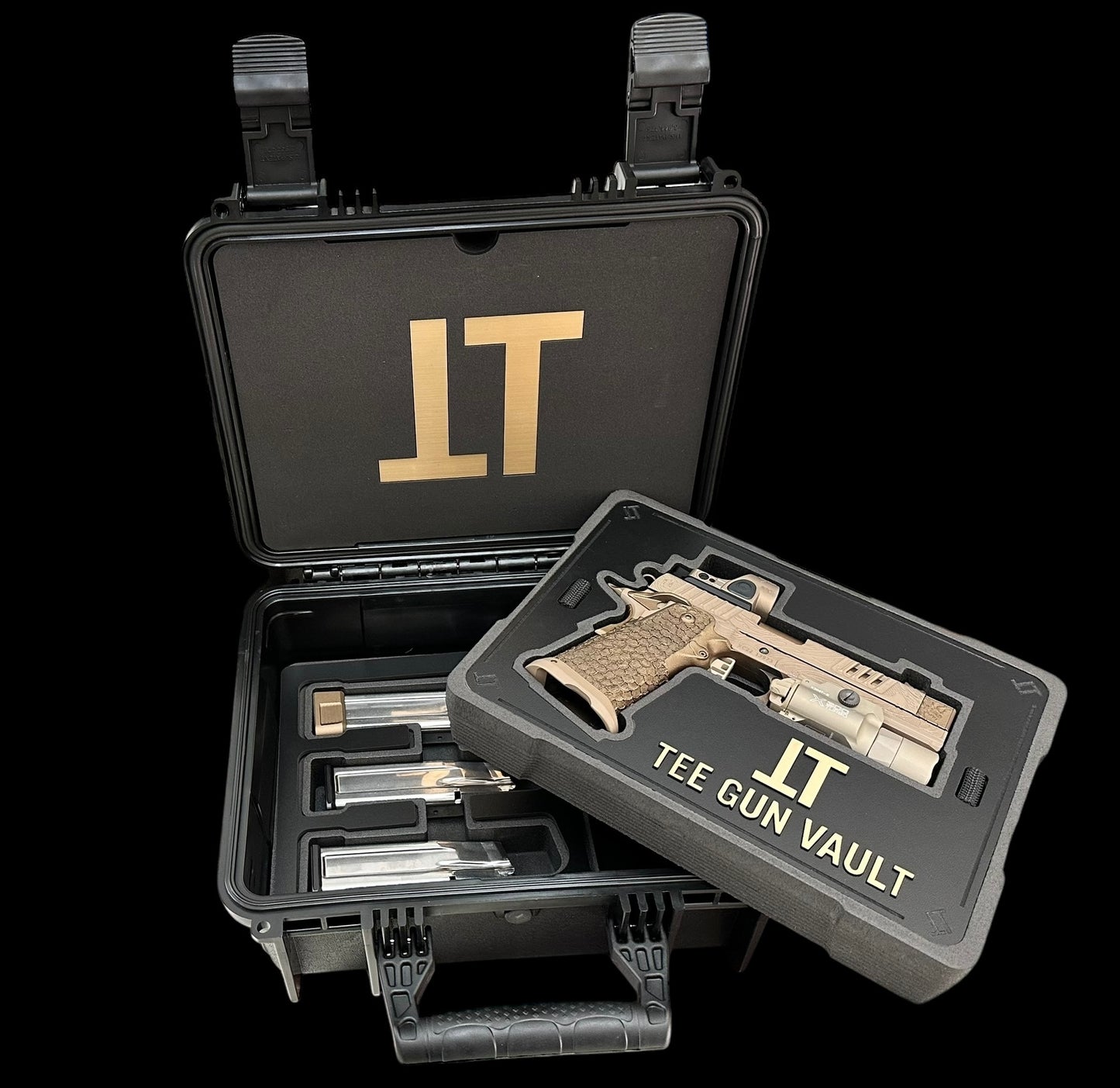 STACCATO CUSTOM XC “TRIBAL DRAGON” ENGRAVED TAN/BRONZE CERAKOTE FINISH WITH TRIJICON SRO & X300