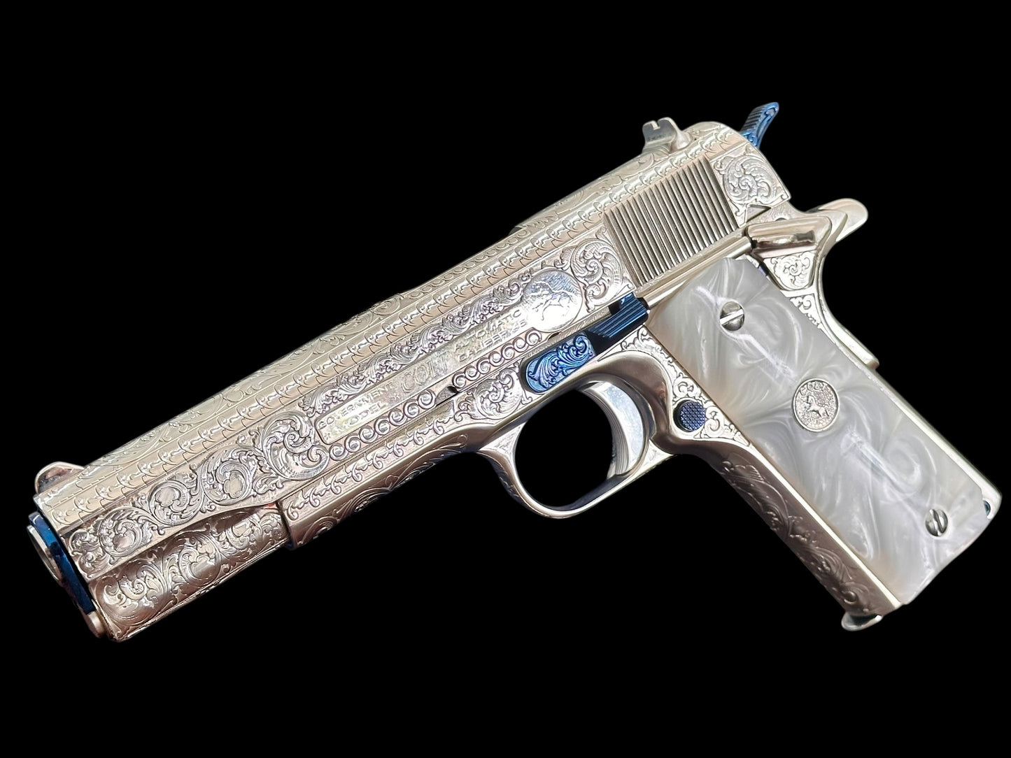 COLT CUSTOM 1911 HIGH POLISHED AND NICKEL PLATED WITH NITRO BLUE ACCENTS FULLY ENGRAVED .45ACP