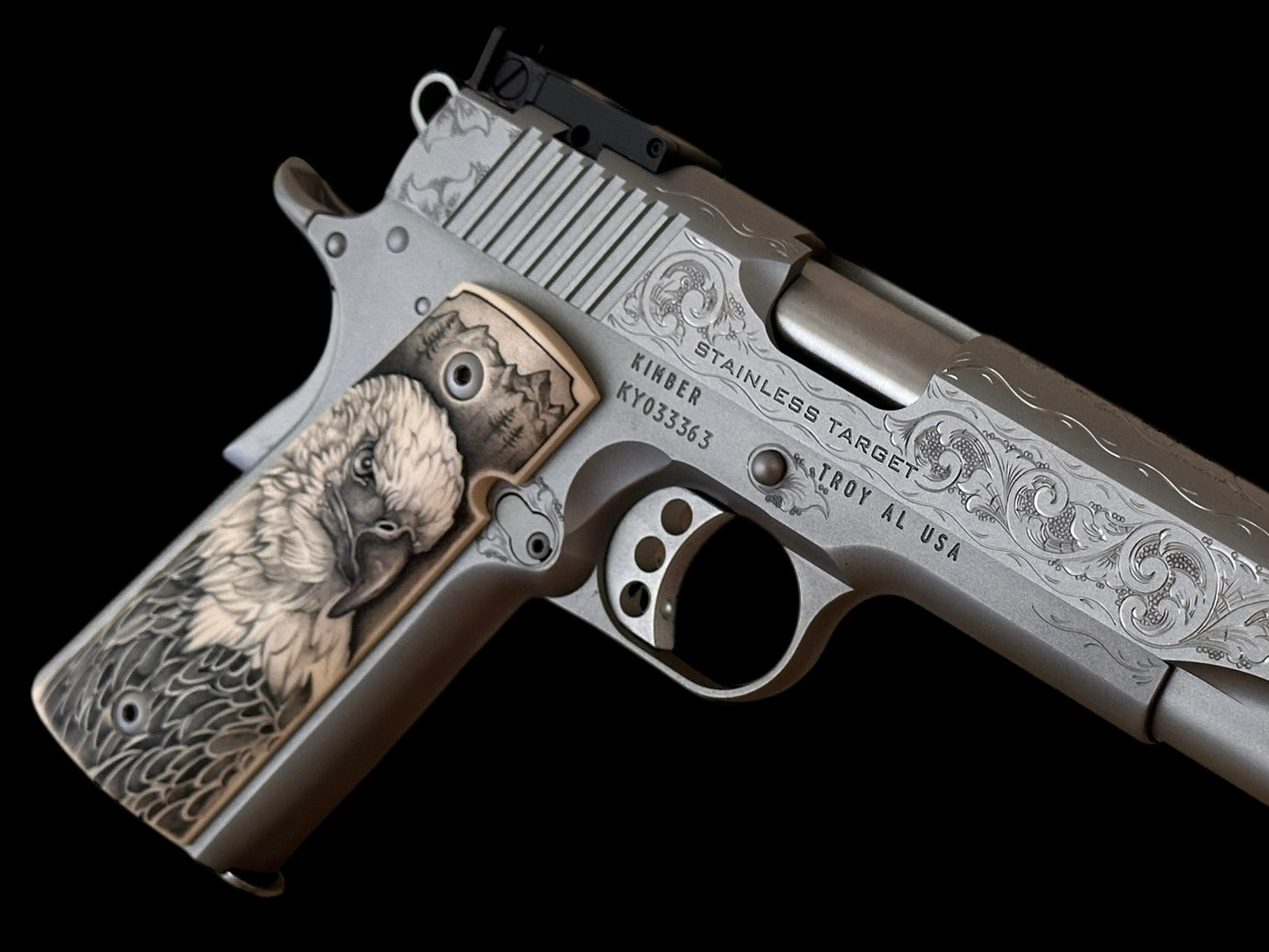 Kimber 1911 Stainless Target long slide hand engraved with custom grips. .45acp
