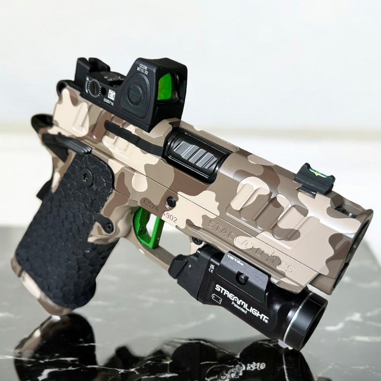 STI/STACCATO CS PORTED FULLY CUSTOMIZED CAMO WITH RMR AND FLASHLIGHT. MANY UPGRADES
