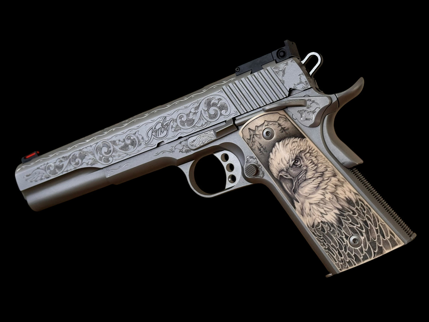 Kimber 1911 Stainless Target long slide hand engraved with custom grips. .45acp