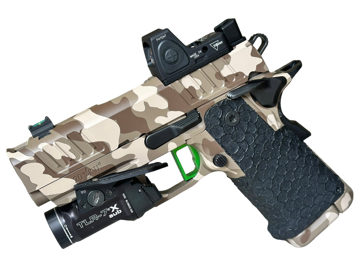 STI/STACCATO CS PORTED FULLY CUSTOMIZED CAMO WITH RMR AND FLASHLIGHT. MANY UPGRADES