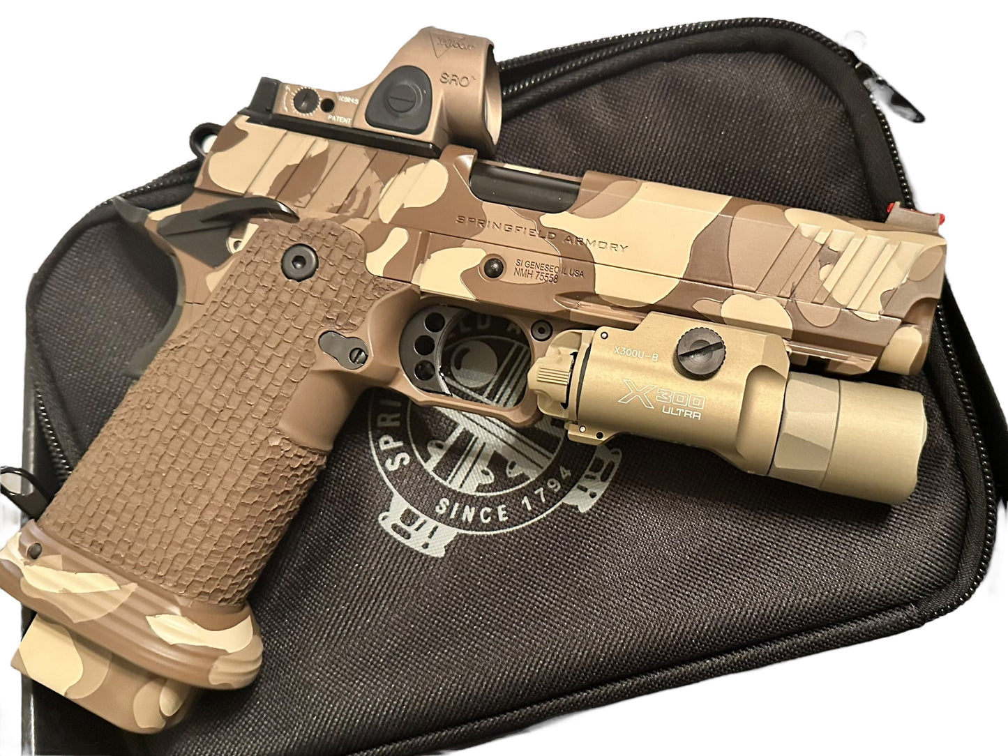 CUSTOM SPRINGFIELD PRODIGY 5” PORTED CAMO WITH SRO AND X300. TREE BARK GRIPS