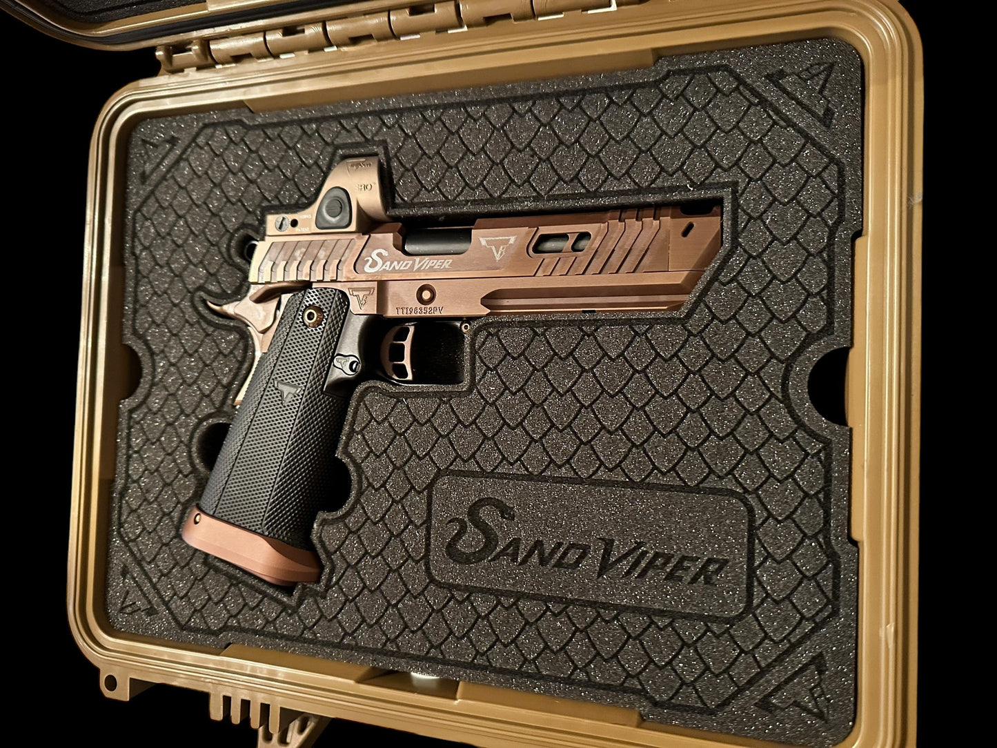 TARAN TACTICAL SAND VIPER PACKAGE WITH METAL ICARUS GRIPS, SRO AND HARD CASE