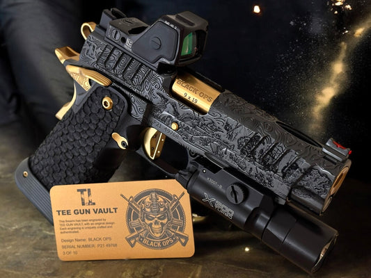 STACCATO P CUSTOM “BLACK OPS” 4.4” PORTED IN POLISHED BLACK DLC / GOLD TIN PVD ACCENTS
