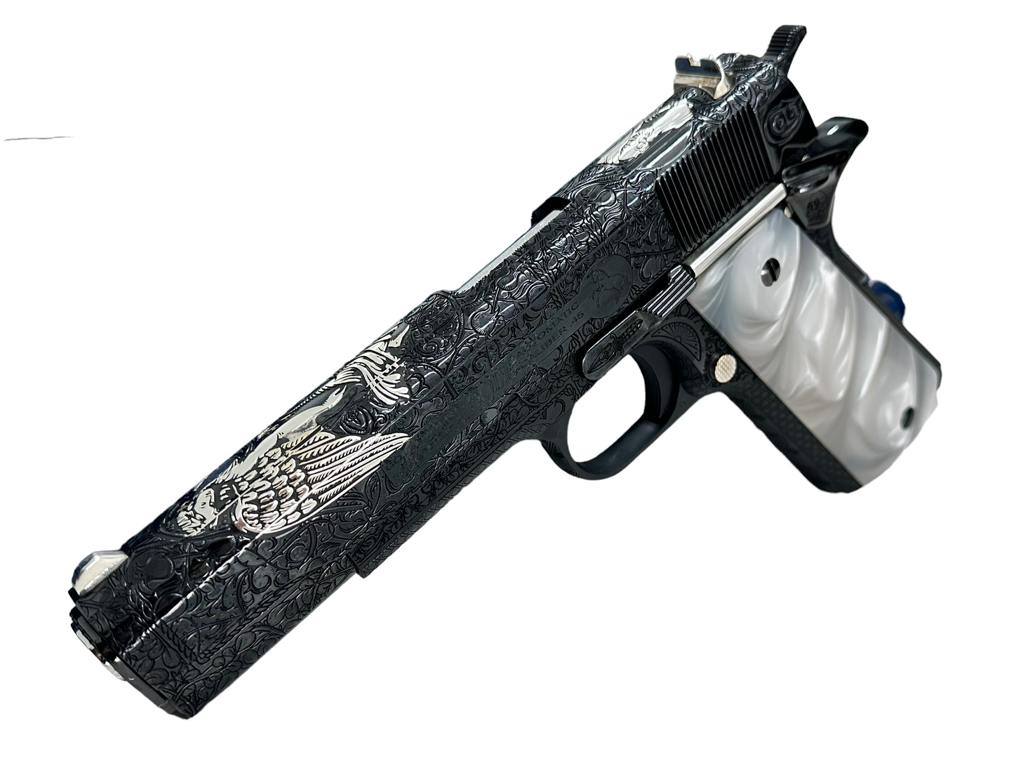 CUSTOM COLT 1911 FULLY ENGRAVED ANGEL VS DEMON ROYAL BLUE FINISH