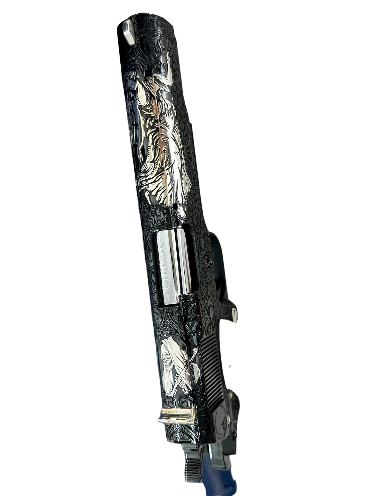 CUSTOM COLT 1911 FULLY ENGRAVED ANGEL VS DEMON ROYAL BLUE FINISH