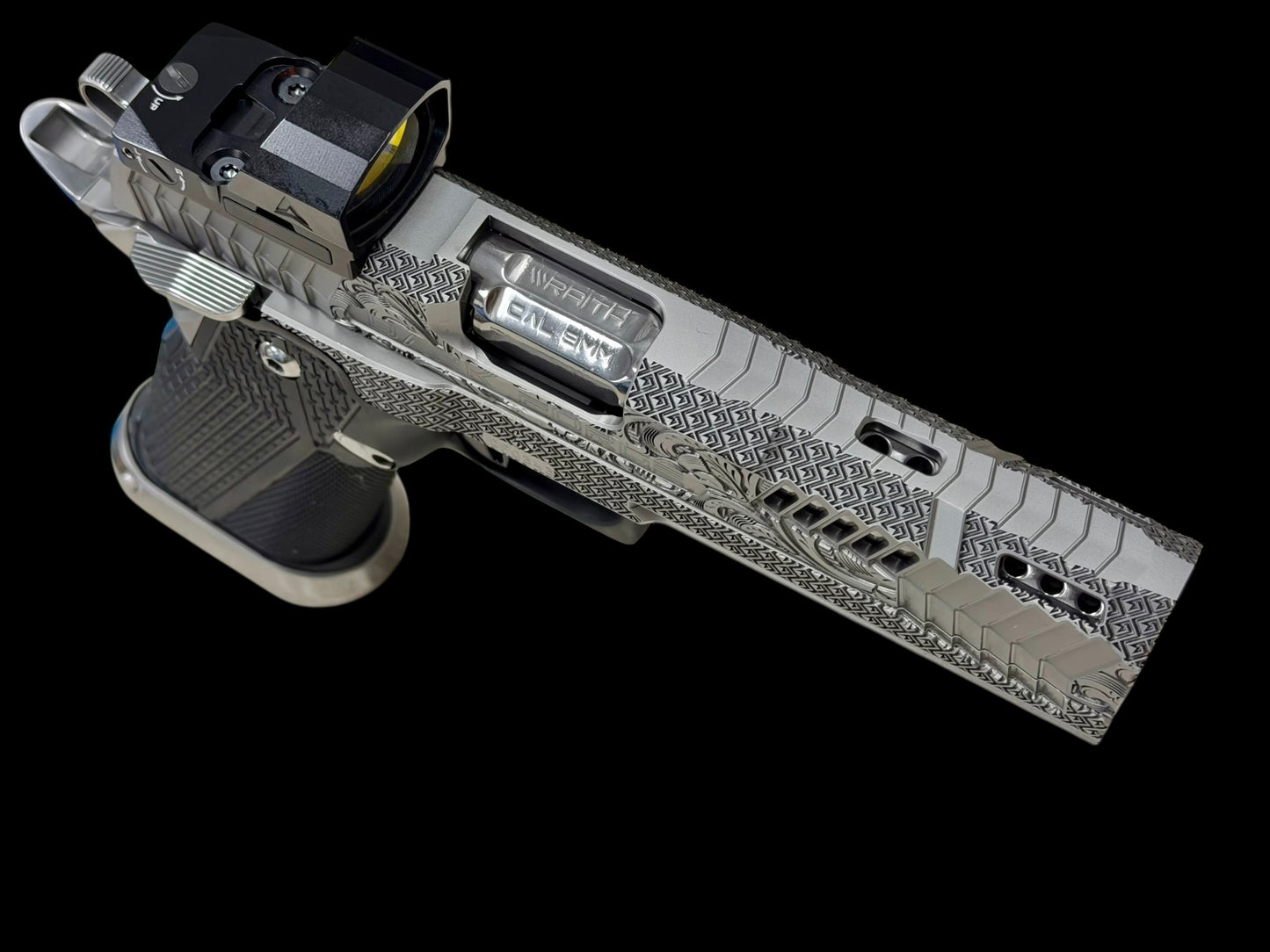 DARK FORGE WRAITH PORTED CUSTOM SCROLL ENGRAVED IN PVD SILVER FINISH WITH APEX ATOM OPTIC