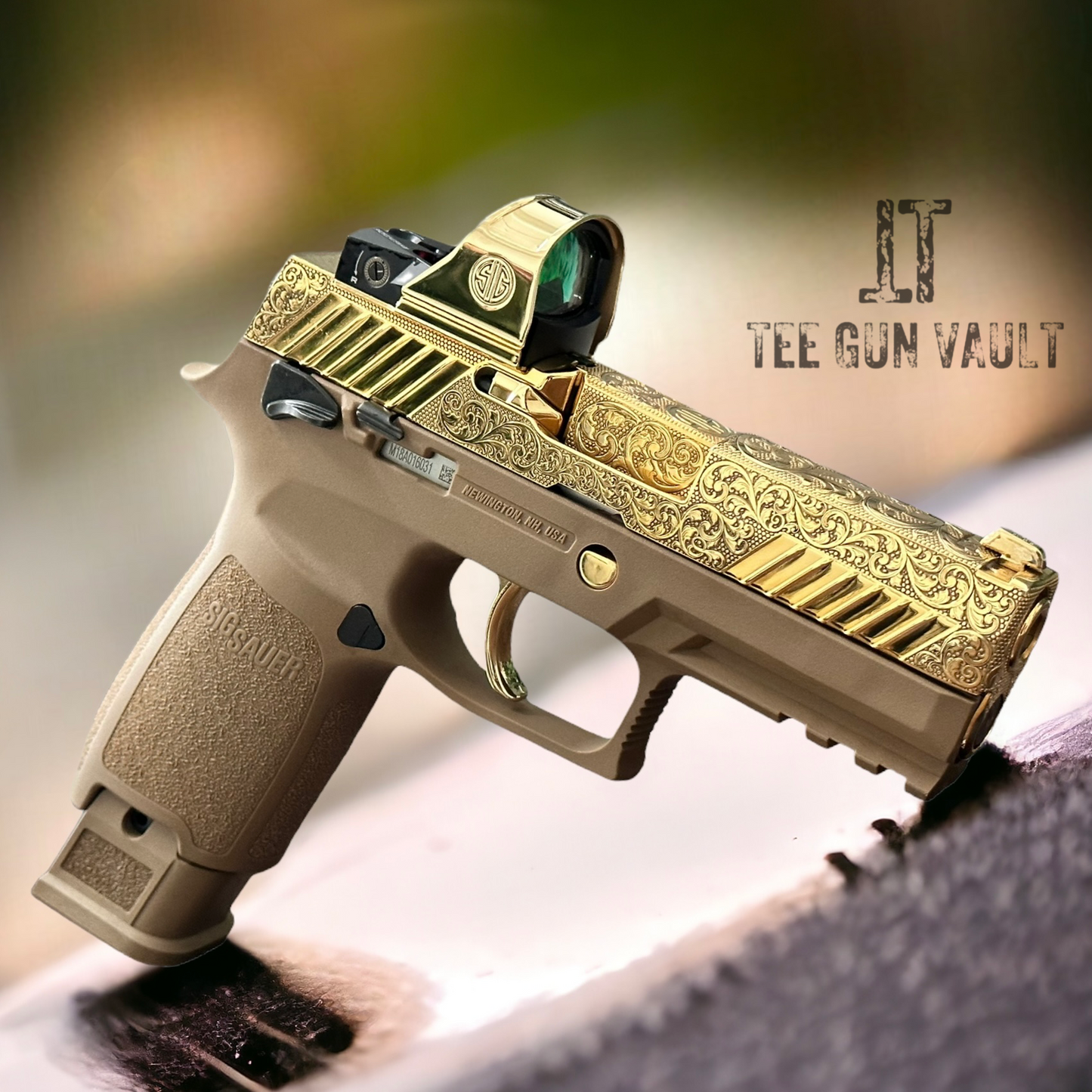 SIG SAUER P320 M18 WITH OPTIC 9mm FULLY ENGRAVED SLIDE POLISHED 24K GOLD PLATED