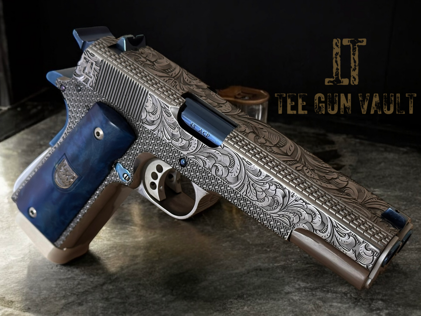 ARSENAL FIREARMS 1911 DOUBLE BARREL “SECOND CENTURY” 1 OF 1 SILVER/ BLUE PVD ENGRAVED WITH GLASS CASE