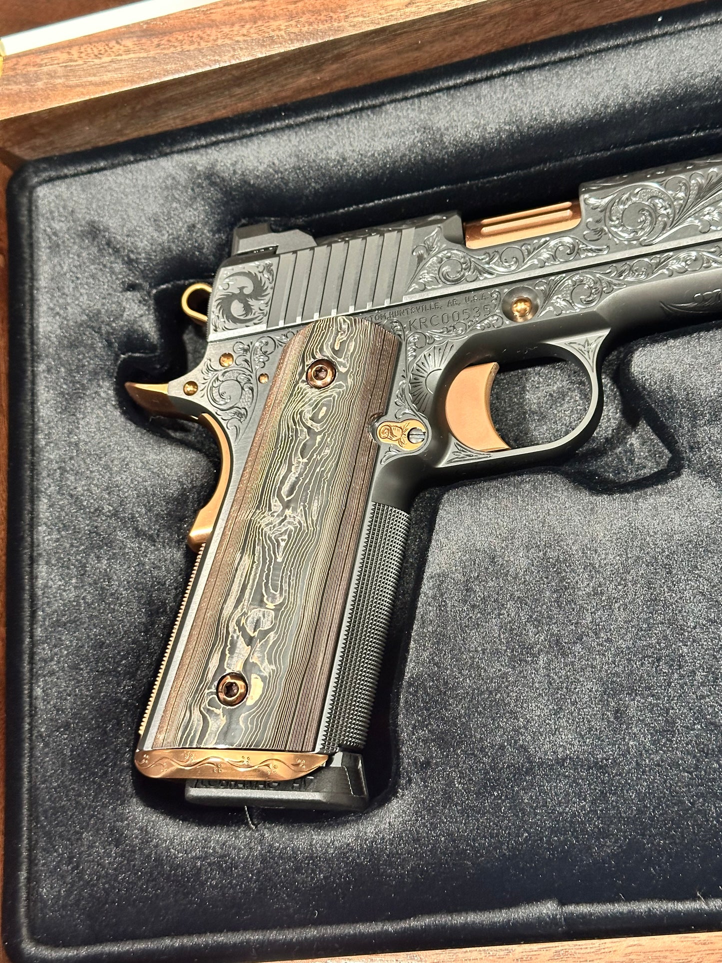 KINGS RIVER CUSTOM LEVEL III; CUSTOM WOOD DISPLAY CASE. HAND ENGRAVED POLISHED DLC/ COPPER FINISH .45ACP