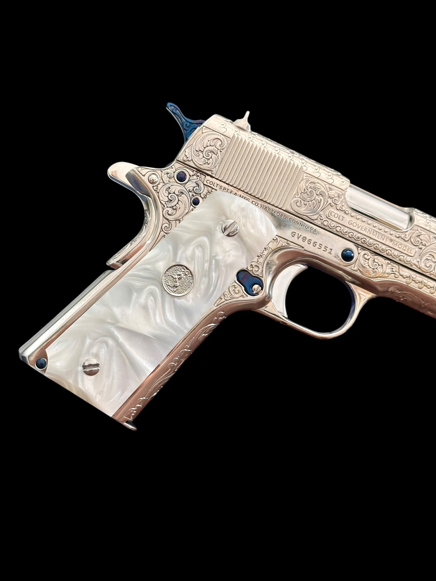 COLT CUSTOM 1911 HIGH POLISHED AND NICKEL PLATED WITH NITRO BLUE ACCENTS FULLY ENGRAVED .45ACP