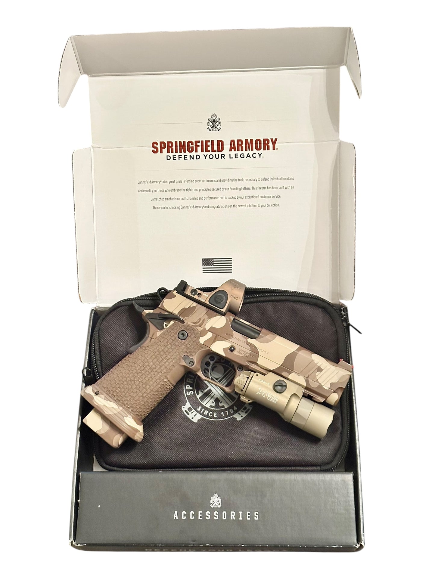 CUSTOM SPRINGFIELD PRODIGY 5” PORTED CAMO WITH SRO AND X300. TREE BARK GRIPS