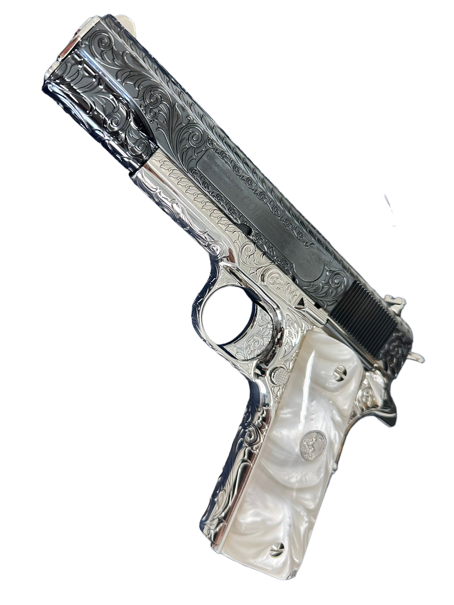 COLT CUSTOM 1911 FULLY ENGRAVED POLISHED AND 2 TONE NICKEL PLATED WITH ROYAL BLUE SLIDE