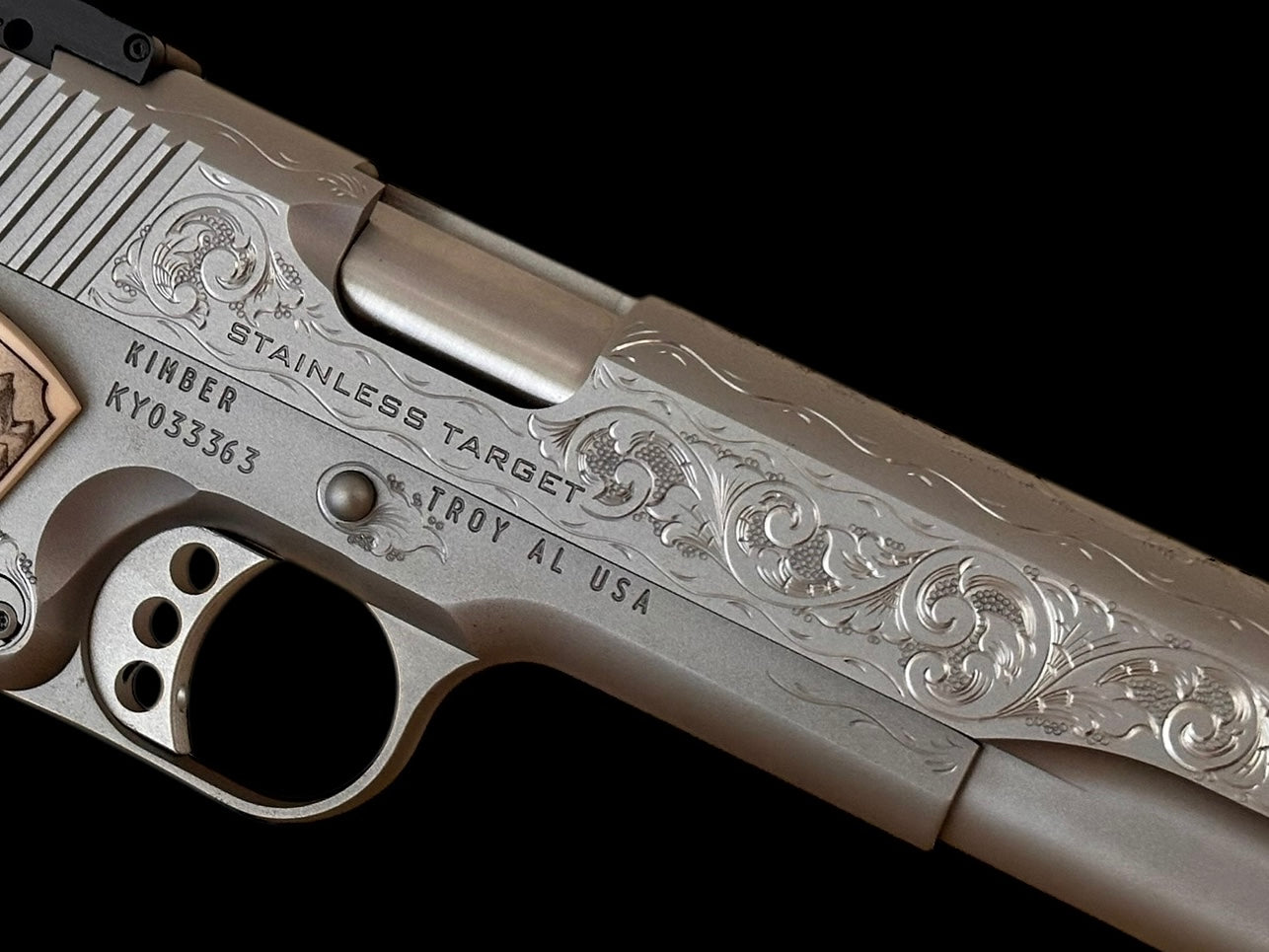 Kimber 1911 Stainless Target long slide hand engraved with custom grips. .45acp