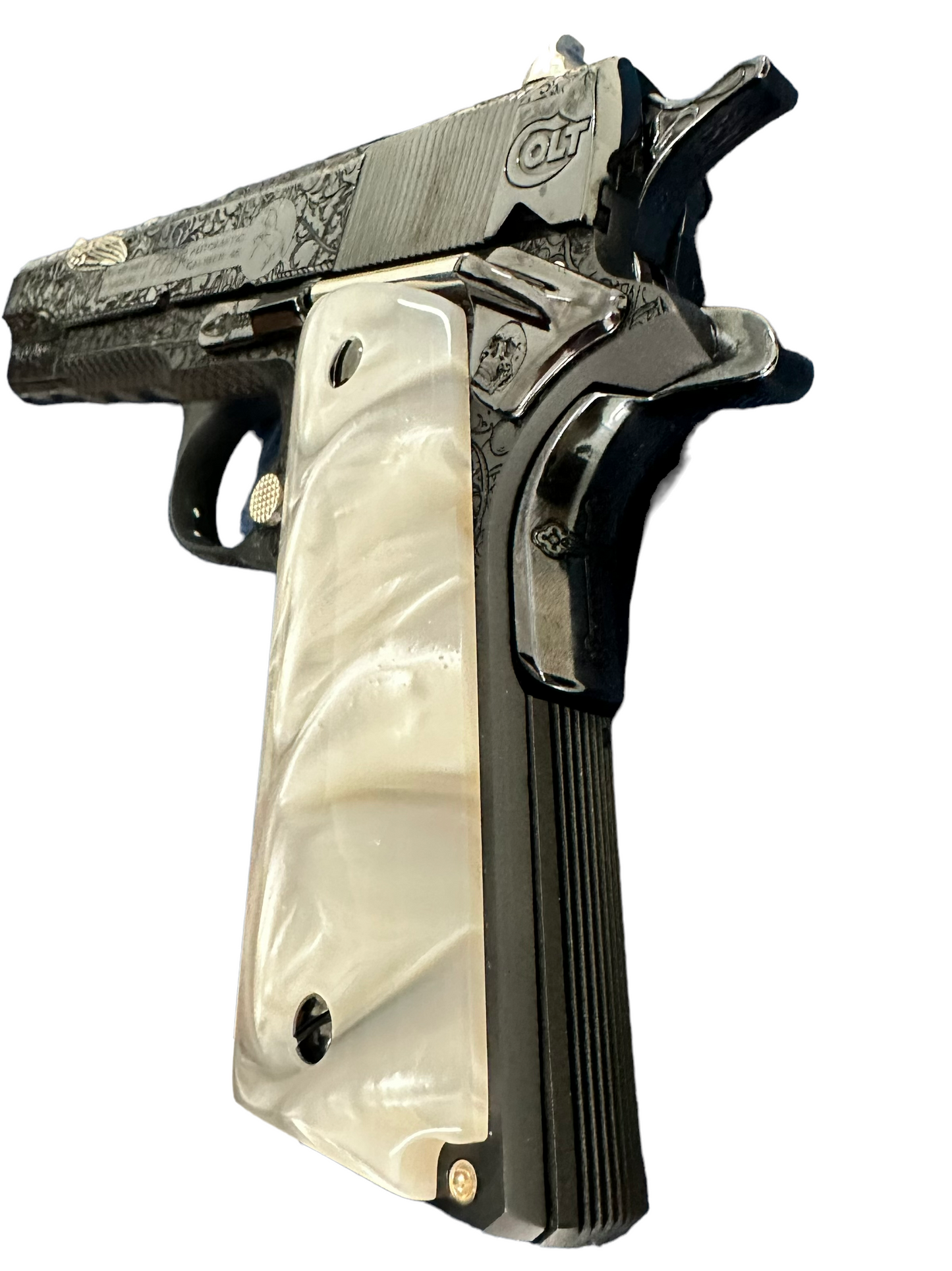 CUSTOM COLT 1911 FULLY ENGRAVED ANGEL VS DEMON ROYAL BLUE FINISH
