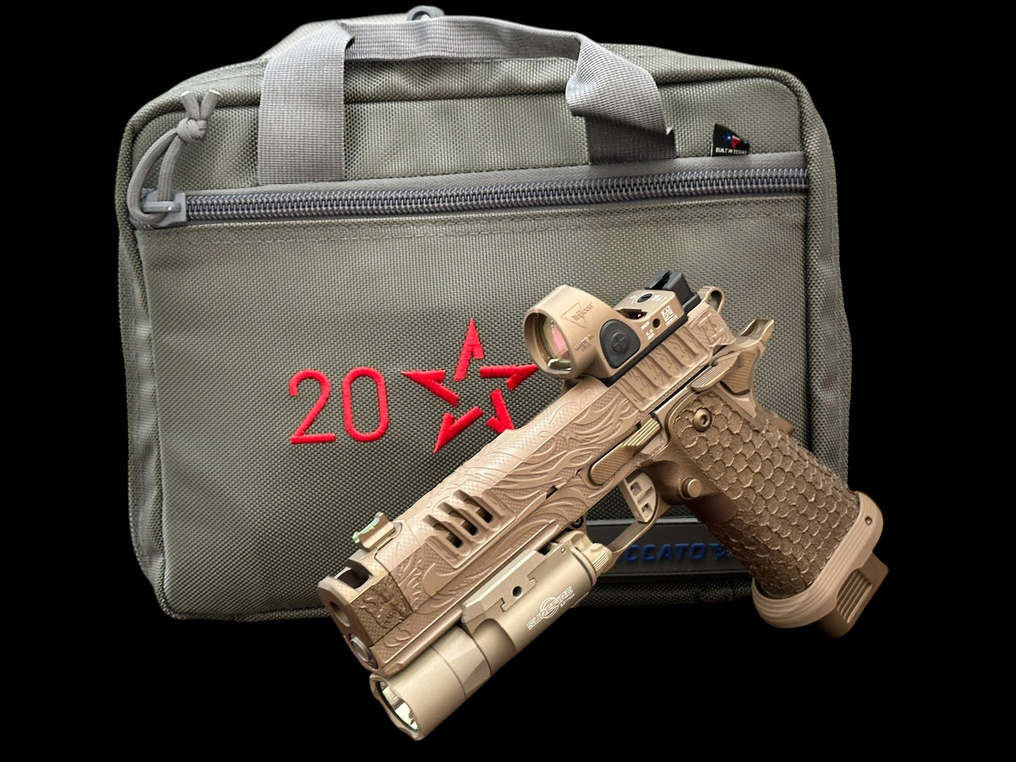 STACCATO CUSTOM XC “TRIBAL DRAGON” ENGRAVED TAN/BRONZE CERAKOTE FINISH WITH TRIJICON SRO & X300