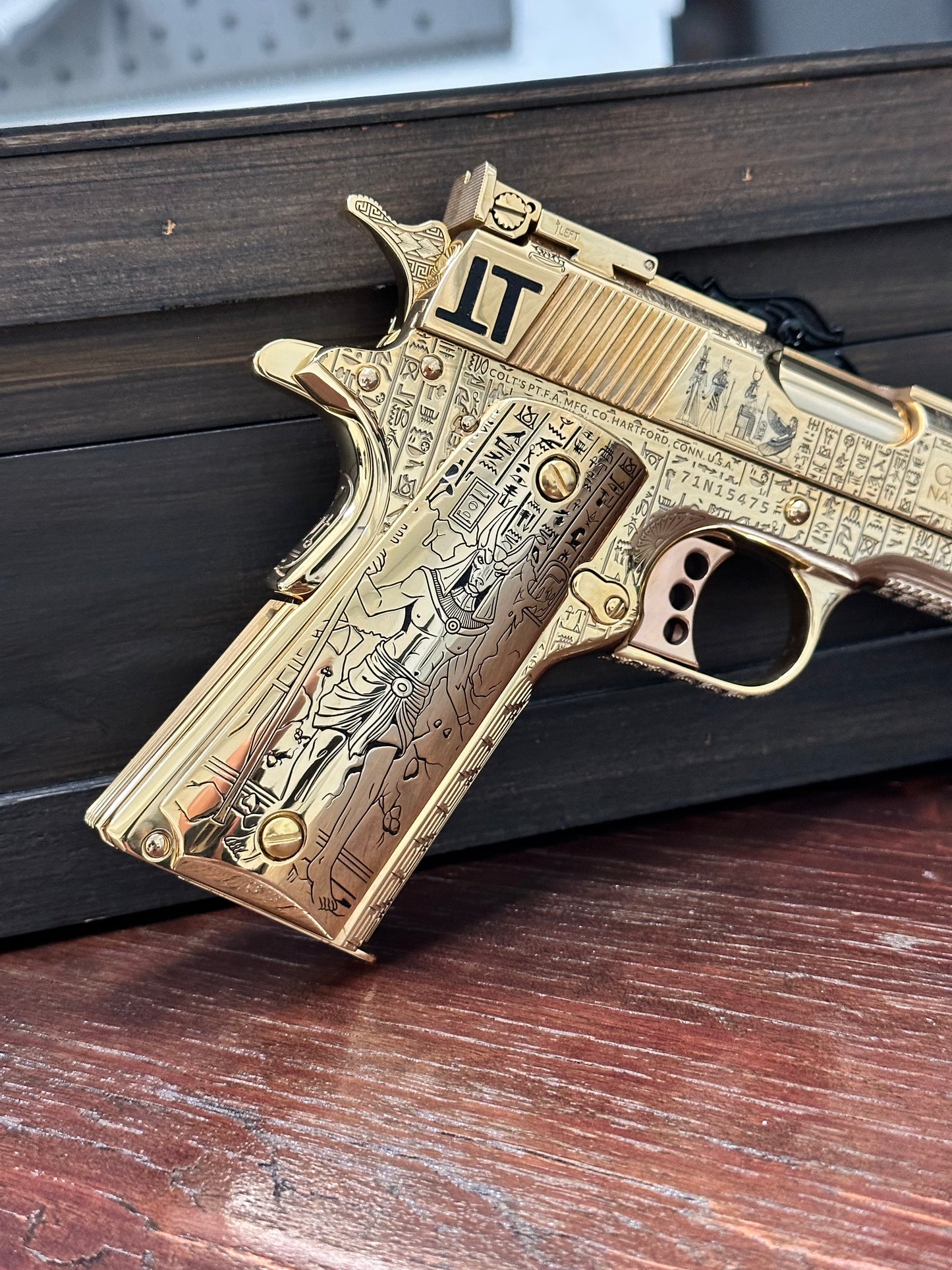 COLT CUSTOM 1911 COMP’D LIMITED EDITION “ANUBIS” 24k GOLD IN A BEAUTY DISPLAY MAGNETIC BOX PRE ORDER (3-4 weeks lead time)