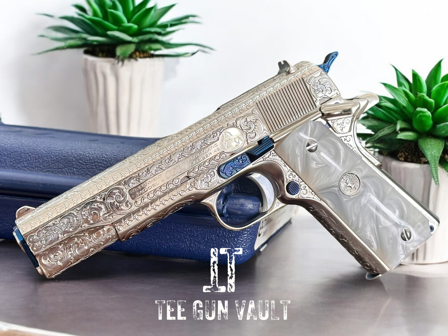 COLT CUSTOM 1911 HIGH POLISHED AND NICKEL PLATED WITH NITRO BLUE ACCENTS FULLY ENGRAVED .45ACP