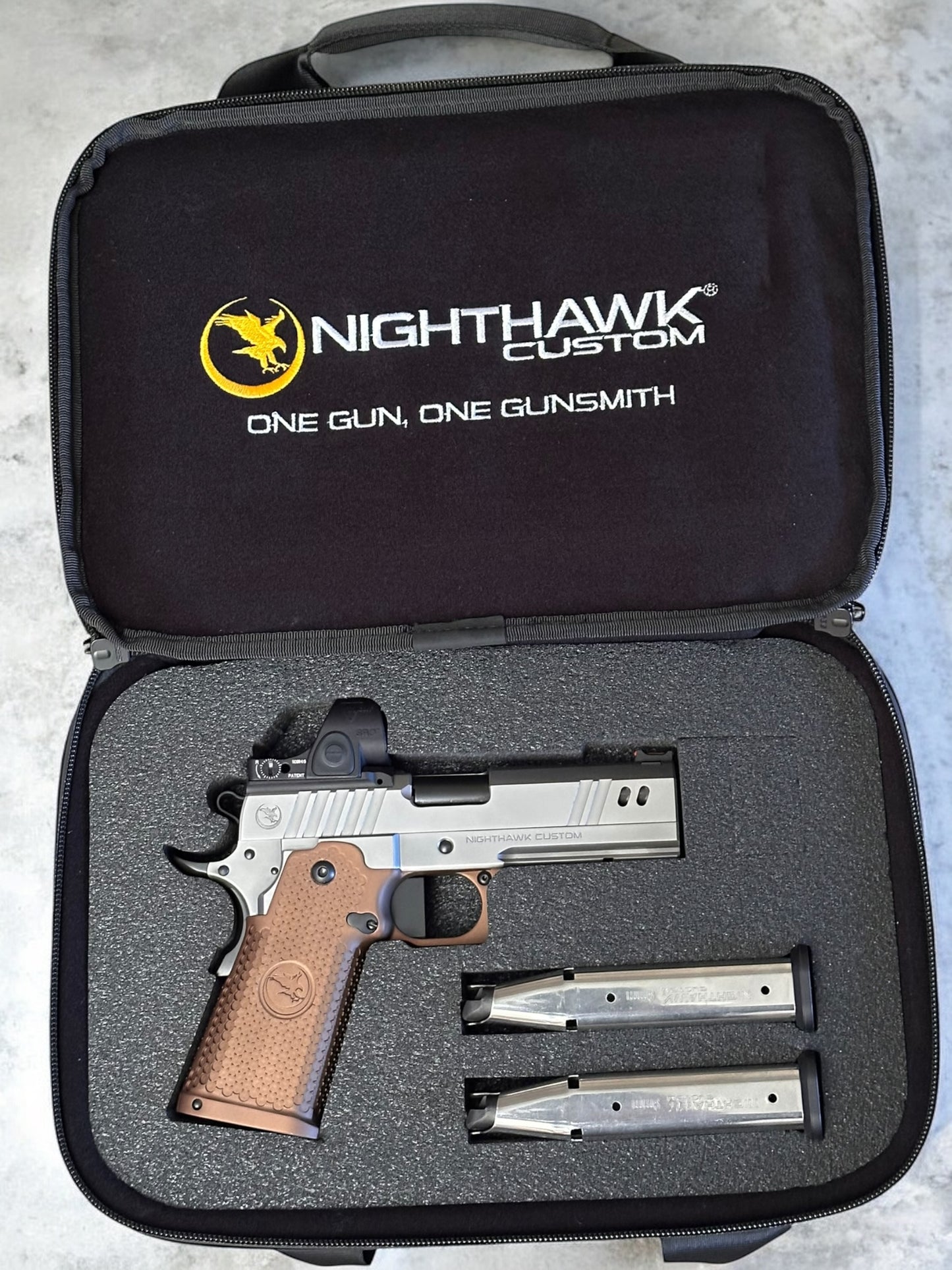 NIGHTHAWK CUSTOM BDS9 COMM 4.25” DS 9mm SILVER PVD AND SANDHAWK GRIPS WITH SRO