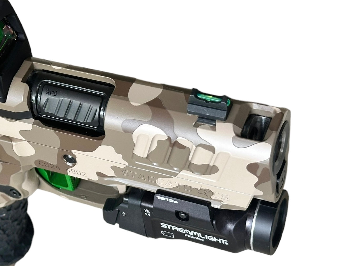 STI/STACCATO CS PORTED FULLY CUSTOMIZED CAMO WITH RMR AND FLASHLIGHT. MANY UPGRADES