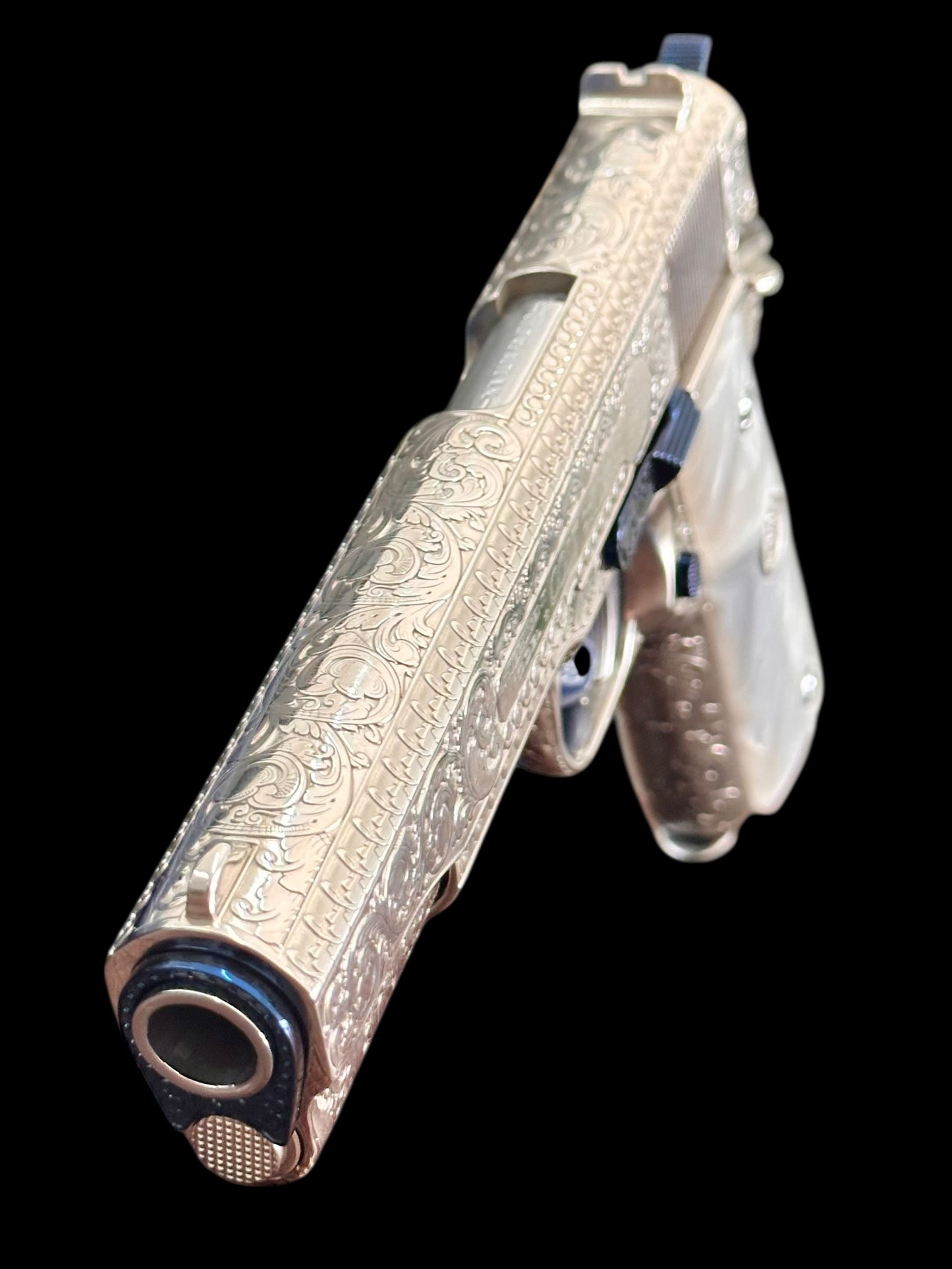 COLT CUSTOM 1911 HIGH POLISHED AND NICKEL PLATED WITH NITRO BLUE ACCENTS FULLY ENGRAVED .45ACP