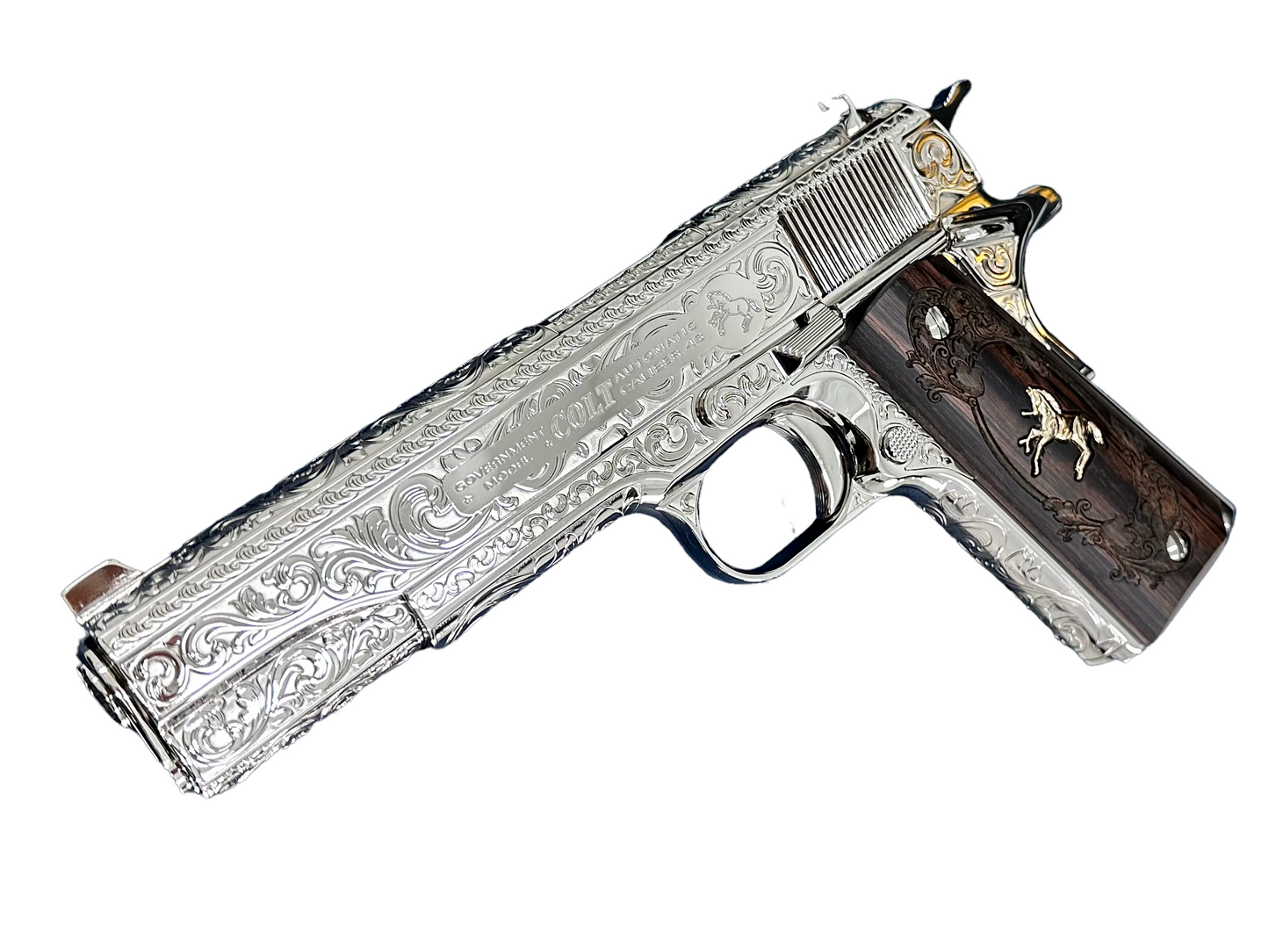 COLT CUSTOM 1911 HIGH POLISHED FULLY ENGRAVED NICKEL PLATED WITH CUSTOM GRIPS .45ACP