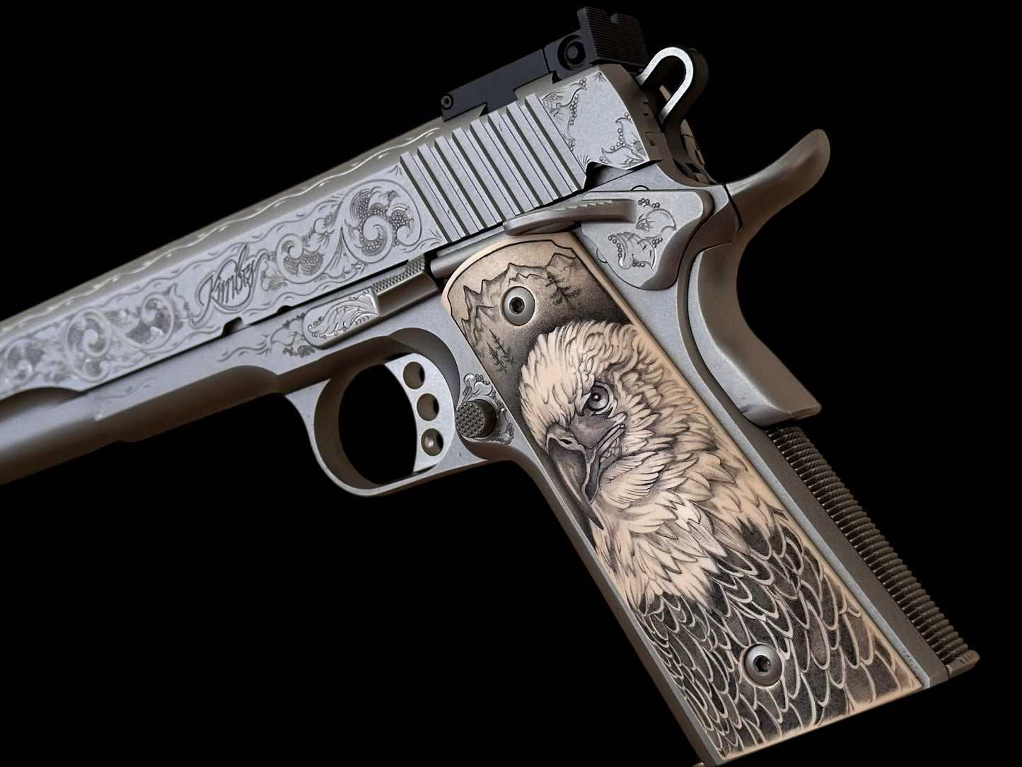 Kimber 1911 Stainless Target long slide hand engraved with custom grips. .45acp
