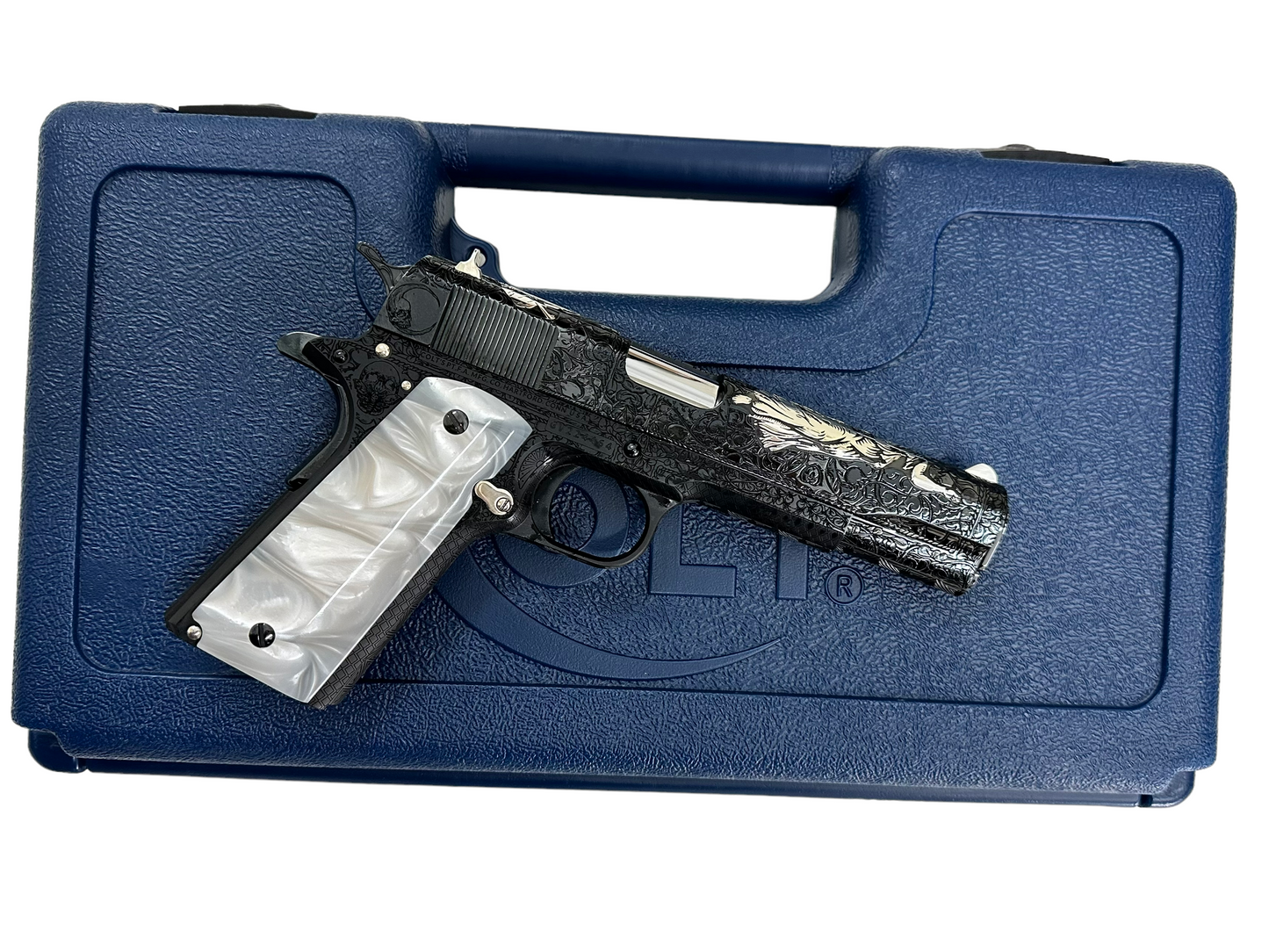 CUSTOM COLT 1911 FULLY ENGRAVED ANGEL VS DEMON ROYAL BLUE FINISH