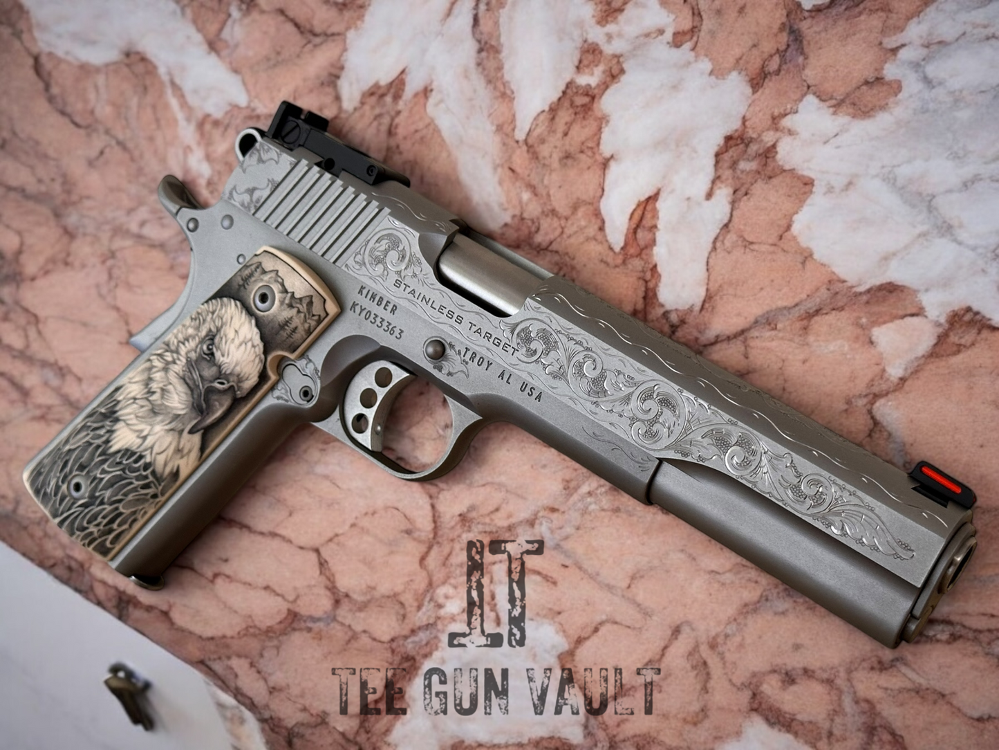 Kimber 1911 Stainless Target long slide hand engraved with custom grips. .45acp