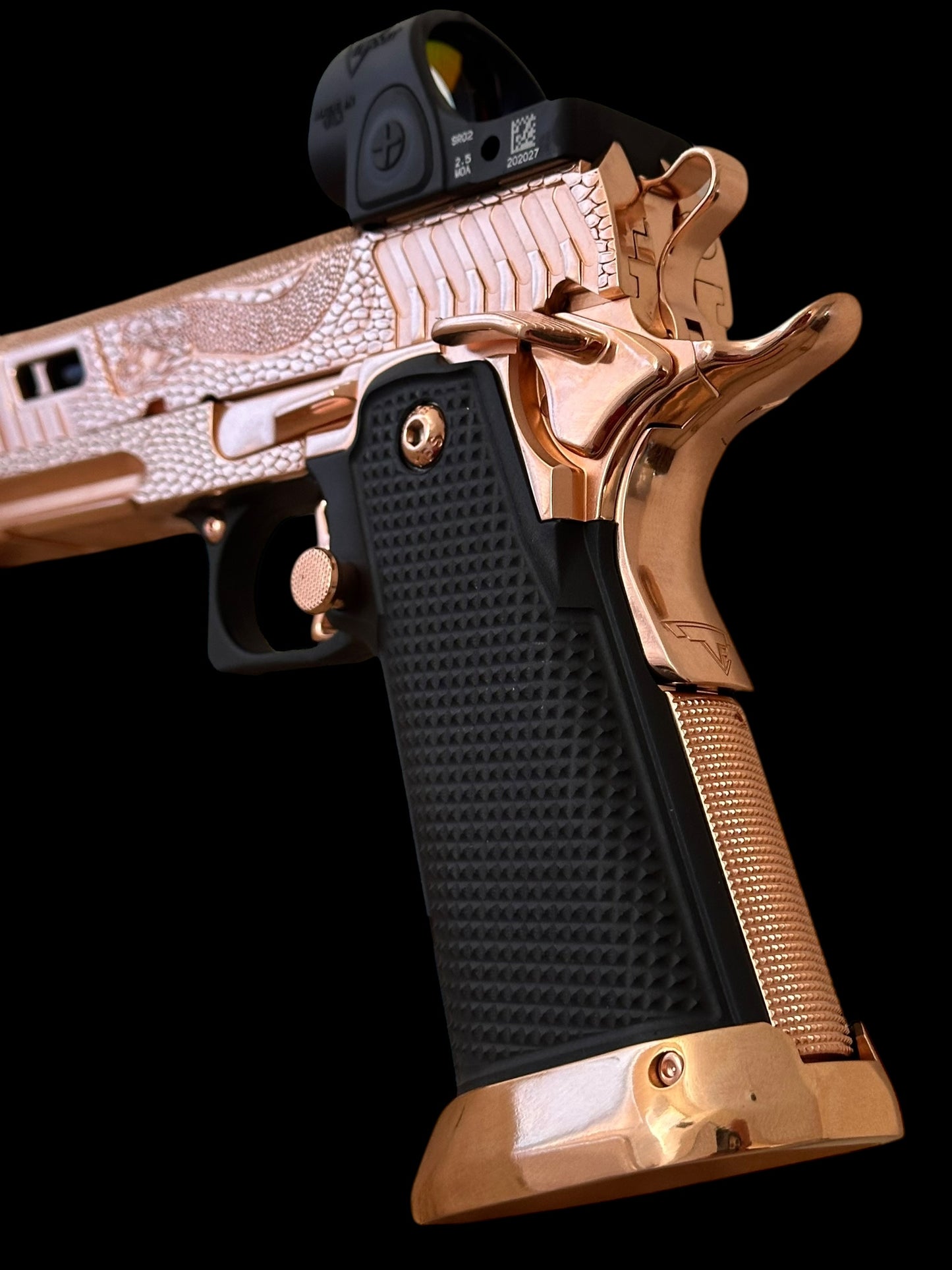 TARAN TACTICAL SAND VIPER “SOLARA” BLACKTIP 18K ROSE GOLD NEW GRIPS 2011 9MM SRO