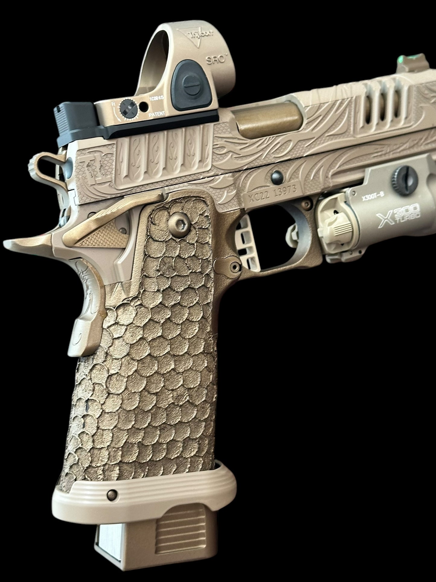 STACCATO CUSTOM XC “TRIBAL DRAGON” ENGRAVED TAN/BRONZE CERAKOTE FINISH WITH TRIJICON SRO & X300