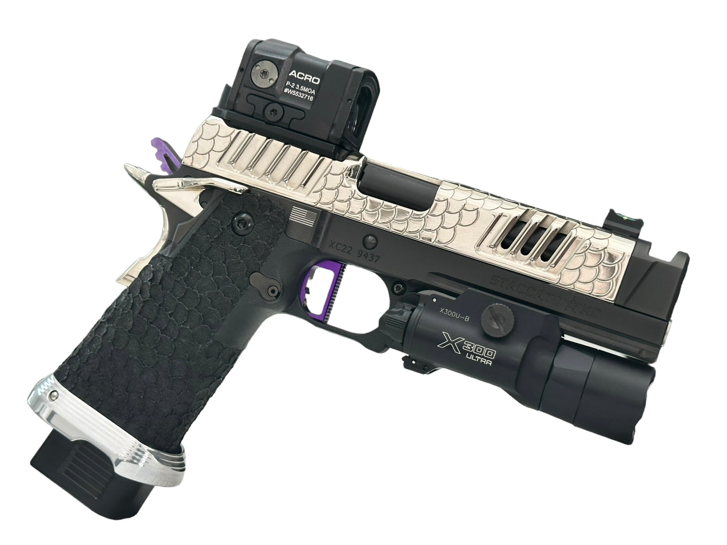 FULLY CUSTOMIZED STACCATO XC ENGRAVED POLISHED NICKEL PLATED WITH INFINITY TRIGGER ACRO AND X300